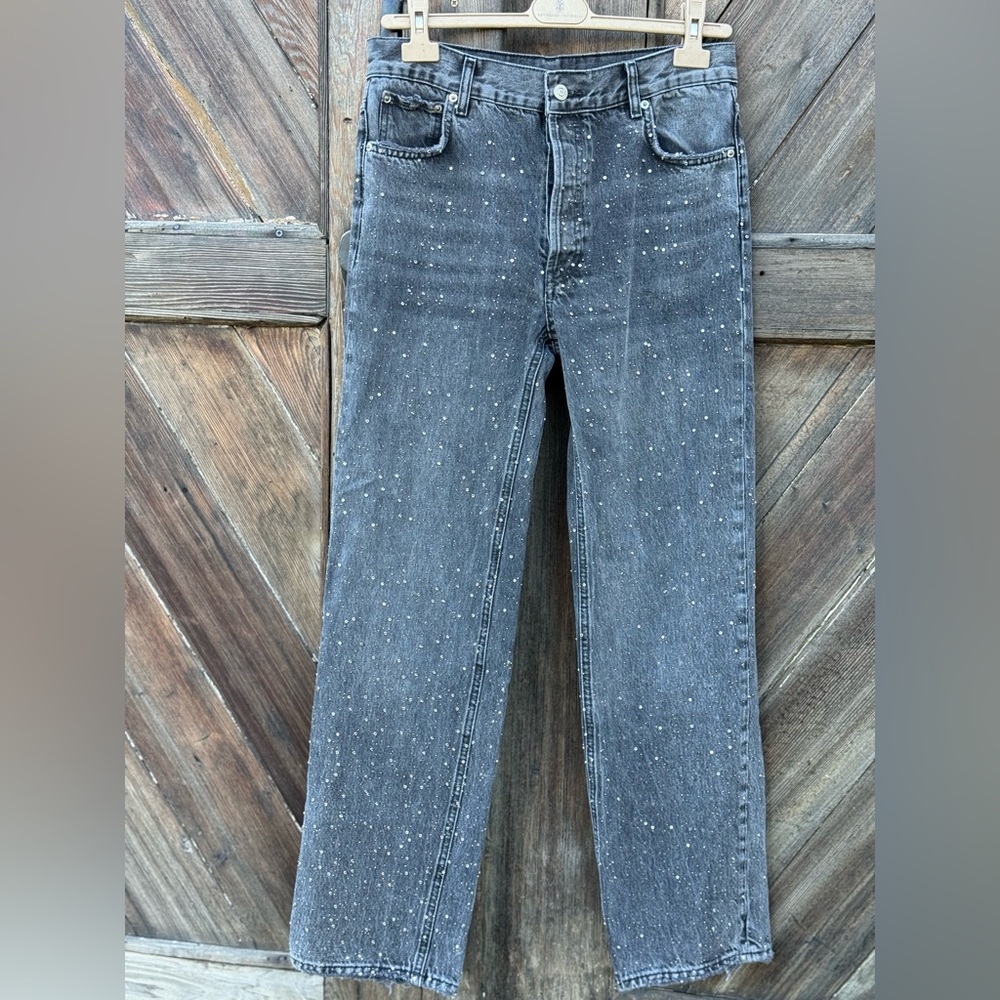 Zara Woman Charcoal Gray Rhinestone Embellished Jeans 4 Mid Raise